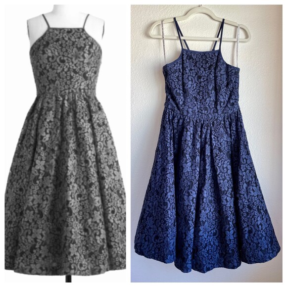 Tracy Reese Retro Floral Lace Midi Strappy Cocktail Frock Dress in Navy - Size 6 - Picture 1 of 11
